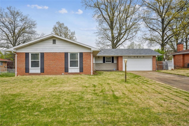 ranch-style home with a front yard, a garage, fence, brick siding, and driveway