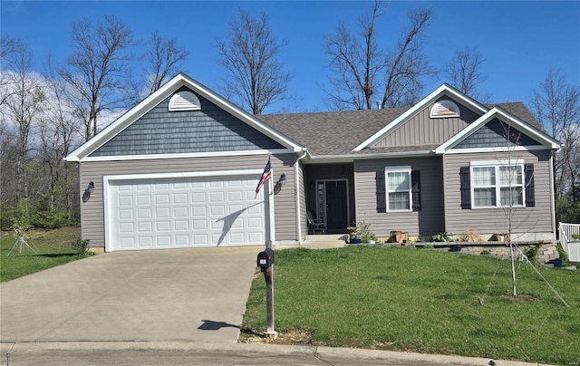 view of front of property featuring concrete driveway, board and batten siding, an attached garage, a front yard, and a shingled roof