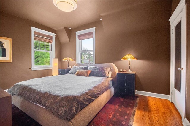 bedroom with baseboards, multiple windows, and wood finished floors
