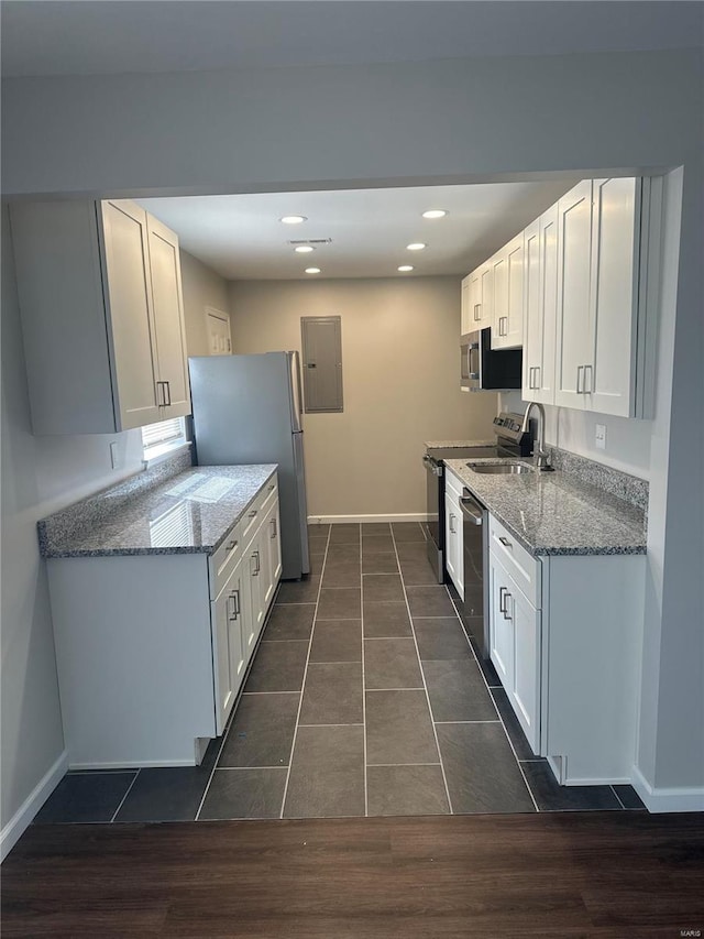kitchen with a sink, dark stone countertops, electric panel, and stainless steel appliances