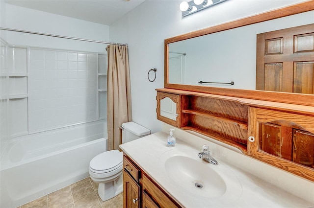 full bath with vanity, shower / bathtub combination with curtain, and toilet