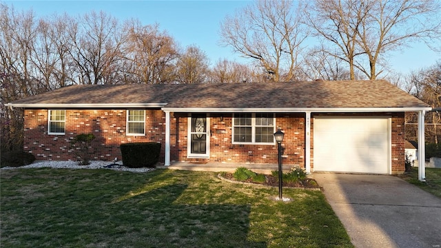 ranch-style house with a garage, brick siding, driveway, and a front lawn