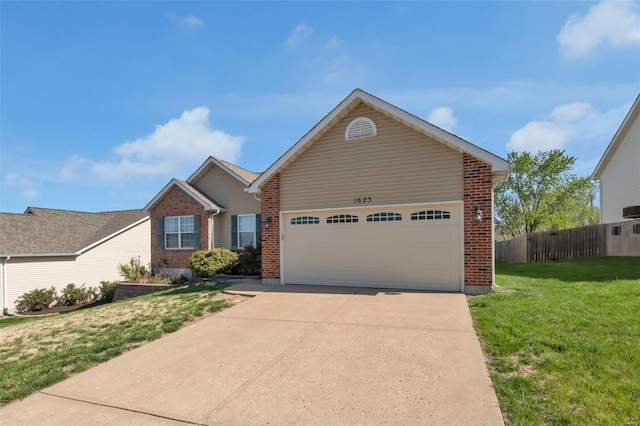 ranch-style house with driveway, a front yard, brick siding, a garage, and fence