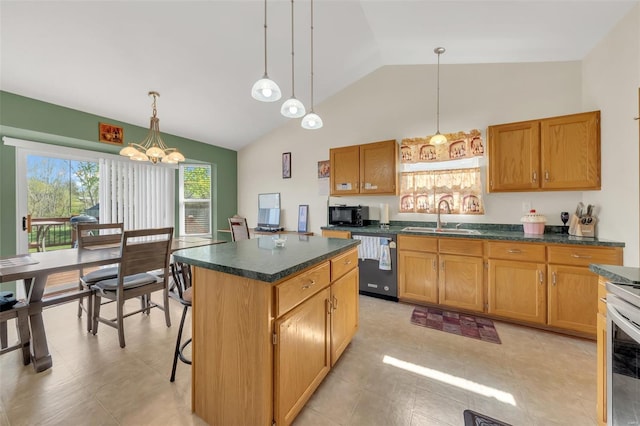 kitchen with a notable chandelier, vaulted ceiling, black microwave, dishwasher, and a sink