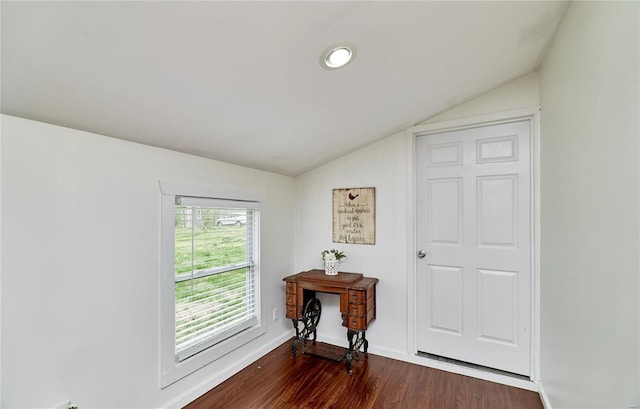 interior space featuring dark wood-style flooring, baseboards, and vaulted ceiling