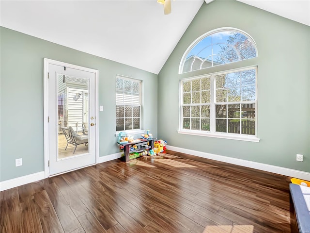 playroom featuring wood finished floors, baseboards, and plenty of natural light