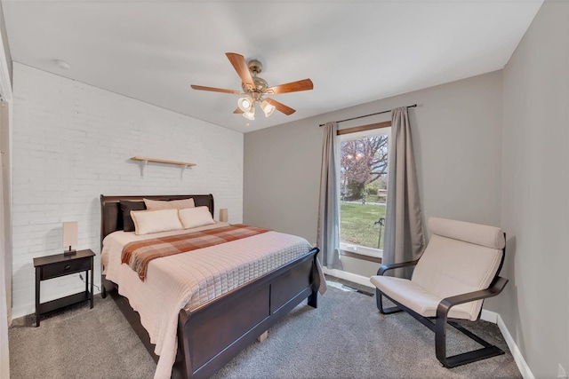 bedroom featuring carpet flooring, baseboards, and ceiling fan