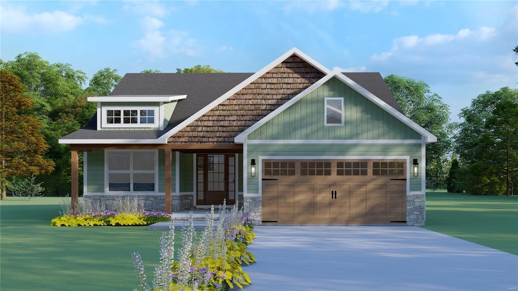 craftsman inspired home featuring an attached garage, stone siding, and concrete driveway