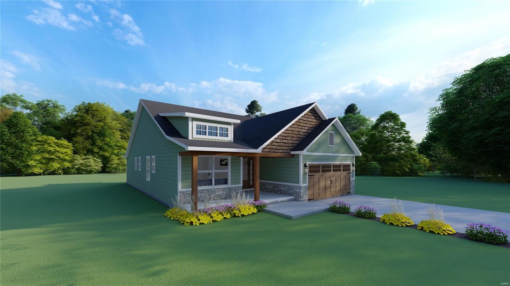 view of front of house featuring concrete driveway, a garage, and stone siding