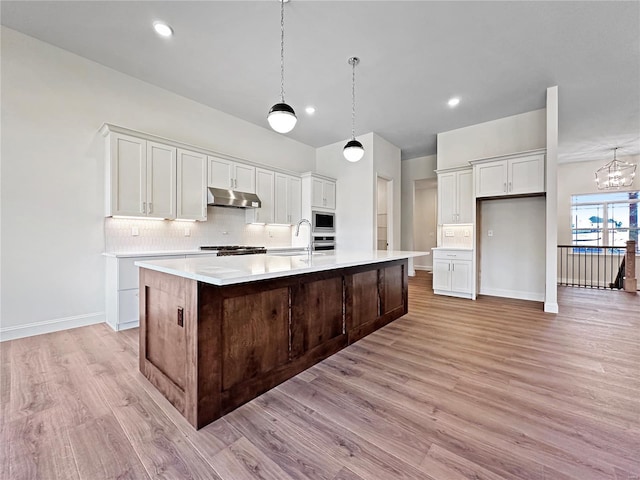 kitchen with under cabinet range hood, light countertops, light wood finished floors, backsplash, and built in microwave