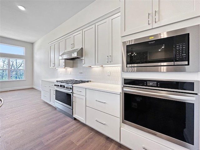 kitchen featuring tasteful backsplash, light wood-style flooring, light countertops, under cabinet range hood, and stainless steel appliances