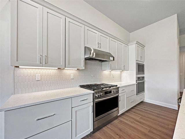 kitchen with dark wood-type flooring, under cabinet range hood, backsplash, and appliances with stainless steel finishes