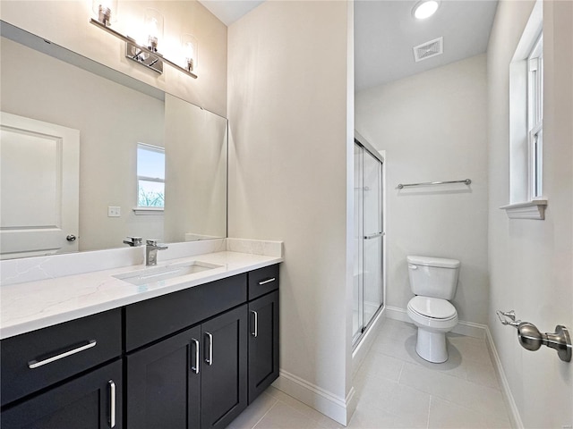 bathroom with vanity, baseboards, a stall shower, toilet, and visible vents