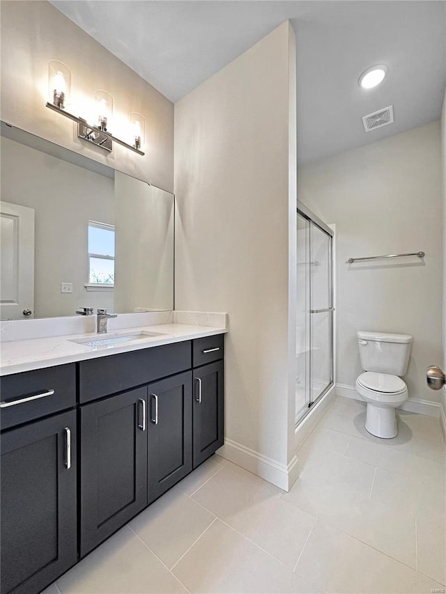 bathroom with visible vents, baseboards, toilet, a shower stall, and vanity