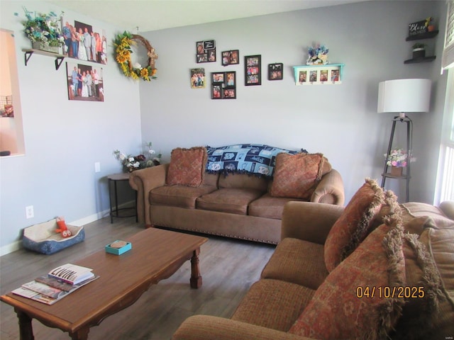 living room with baseboards and wood finished floors