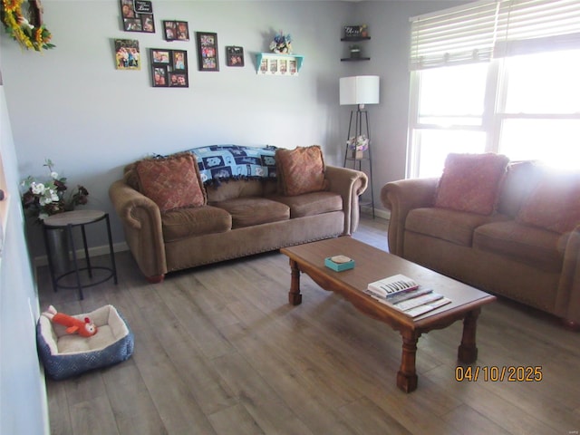 living area featuring wood finished floors and baseboards