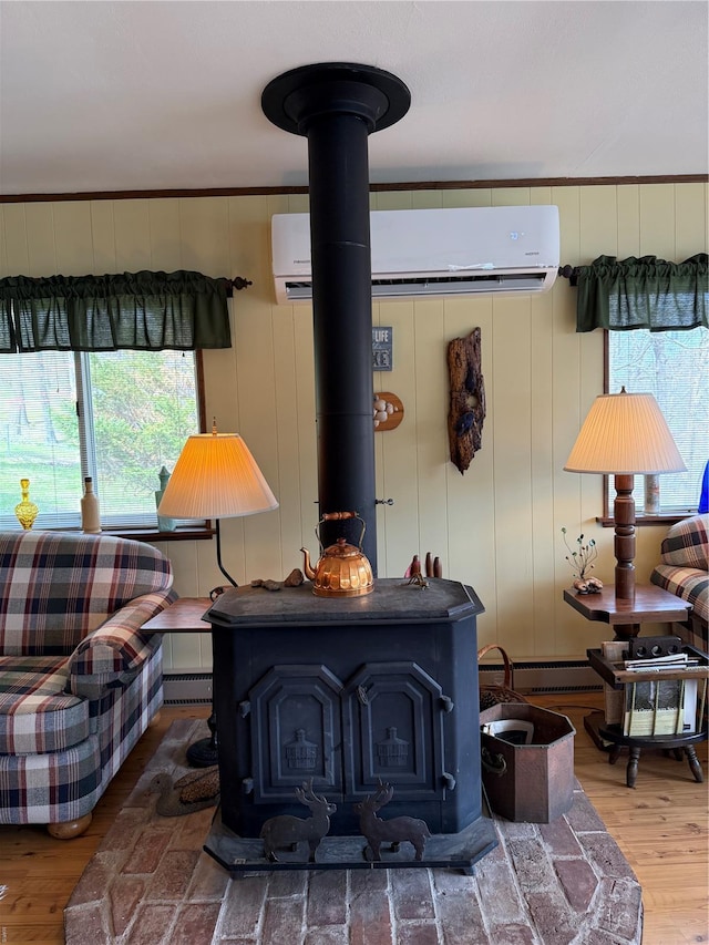 interior details featuring a wood stove and wood finished floors