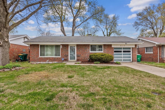 ranch-style home featuring an attached garage, a front lawn, brick siding, and concrete driveway