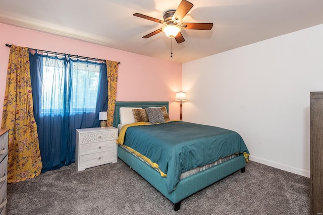 bedroom featuring carpet floors, a ceiling fan, and baseboards
