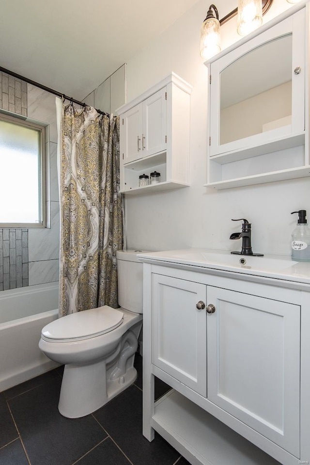 bathroom featuring vanity, tile patterned flooring, toilet, and shower / tub combo with curtain