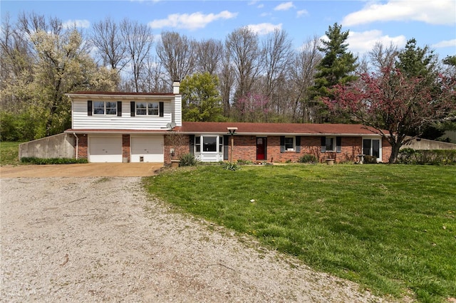 traditional-style house featuring dirt driveway, a front lawn, brick siding, a chimney, and a garage