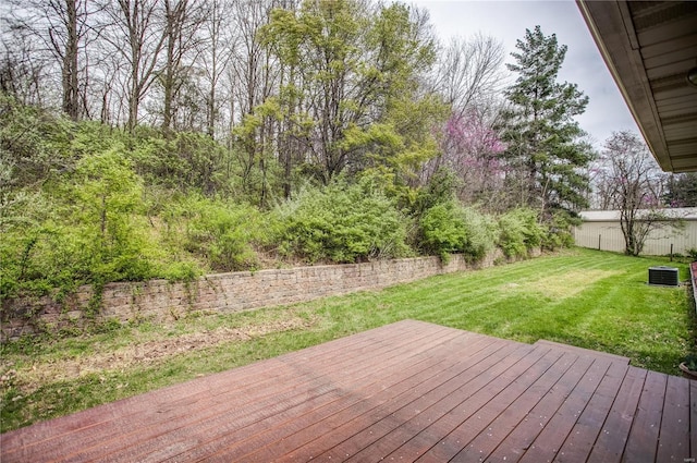 deck with a yard and central AC unit