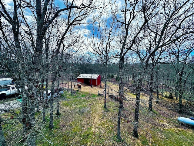 view of yard with an outbuilding and a wooded view
