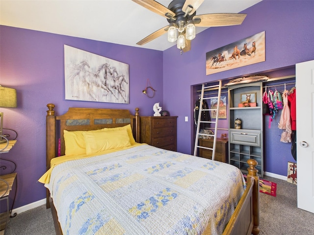 bedroom featuring carpet flooring, baseboards, and a ceiling fan