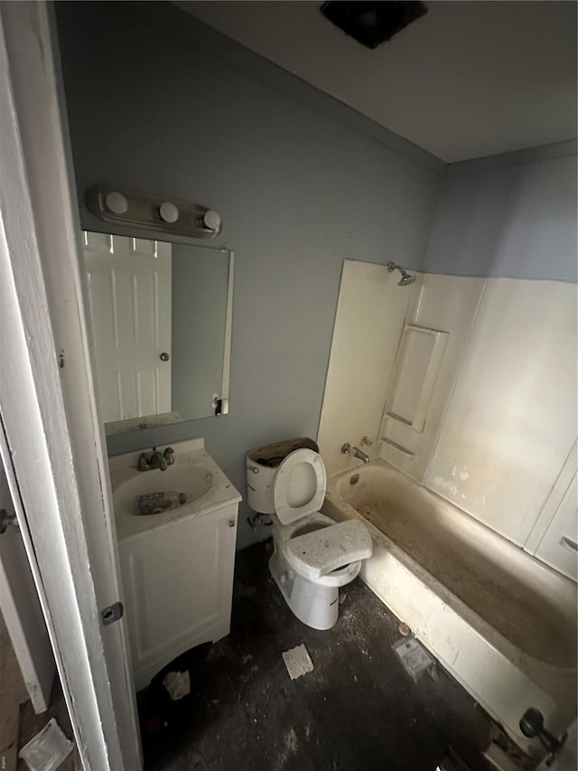full bathroom with vanity, concrete floors, toilet, and tub / shower combination