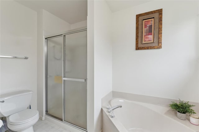full bathroom featuring toilet, a bath, and a stall shower