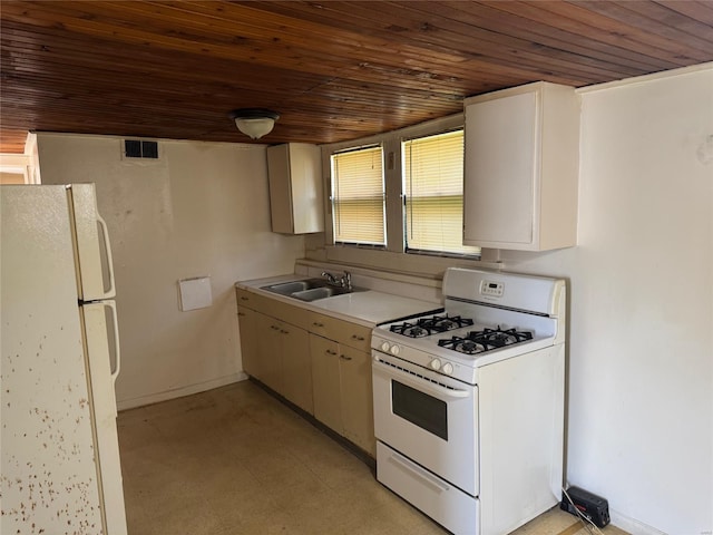 kitchen with visible vents, wooden ceiling, a sink, light countertops, and white appliances