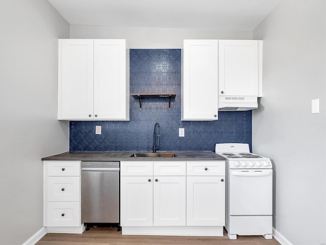 kitchen with stainless steel dishwasher, white electric stove, under cabinet range hood, dark countertops, and a sink
