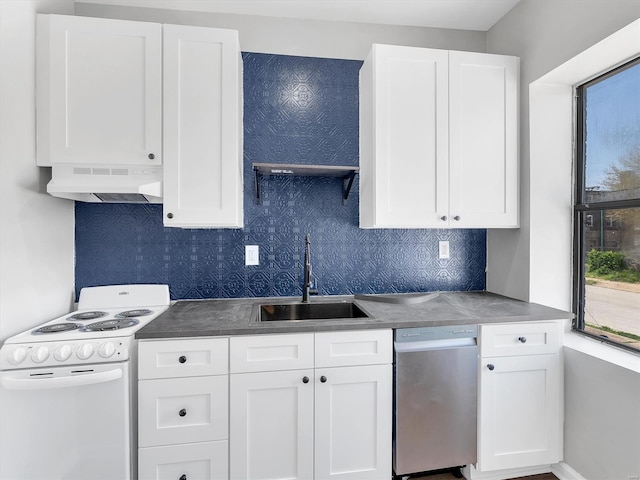 kitchen with a sink, under cabinet range hood, white electric range, dishwasher, and white cabinets