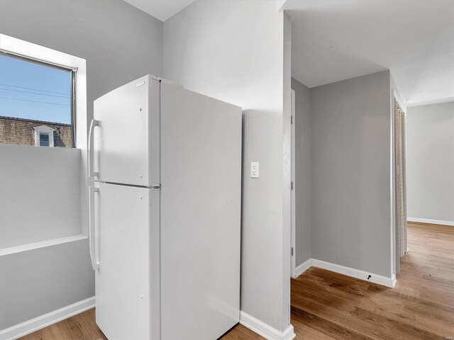 interior space with baseboards, wood finished floors, and freestanding refrigerator