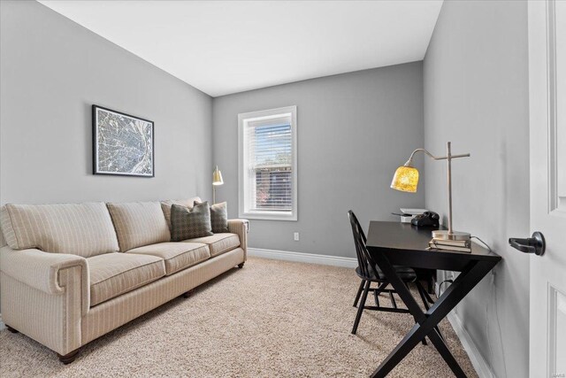 office space with light carpet and baseboards