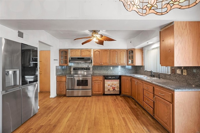 kitchen with a sink, under cabinet range hood, decorative backsplash, brown cabinetry, and appliances with stainless steel finishes