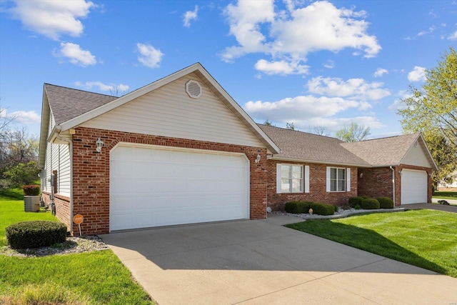 ranch-style home featuring a front lawn, driveway, a garage, brick siding, and a shingled roof