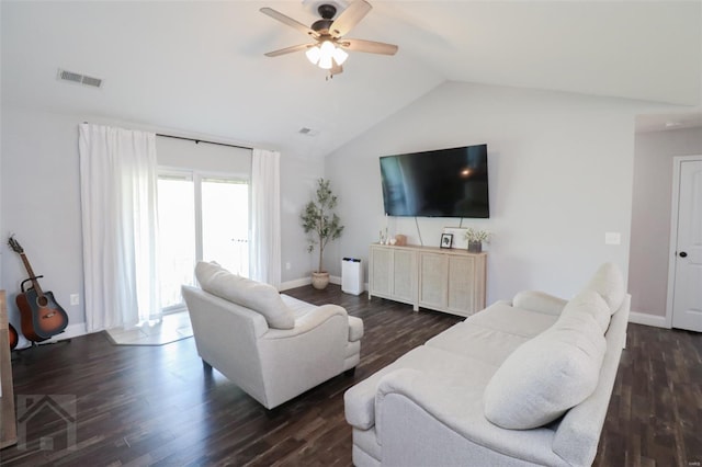 living room with ceiling fan, vaulted ceiling, visible vents, baseboards, and dark wood-style flooring