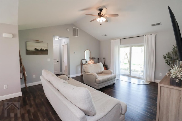 living room featuring dark wood finished floors, lofted ceiling, a ceiling fan, and visible vents