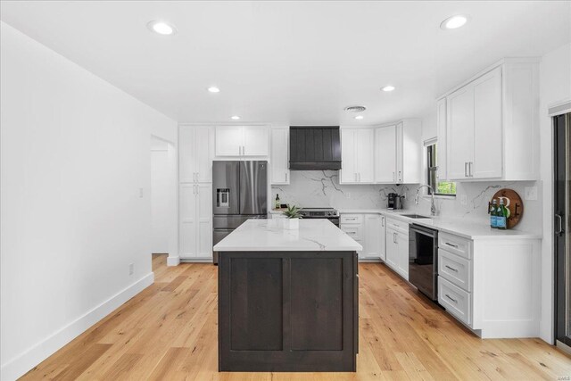 kitchen featuring a center island, stainless steel appliances, white cabinetry, recessed lighting, and tasteful backsplash
