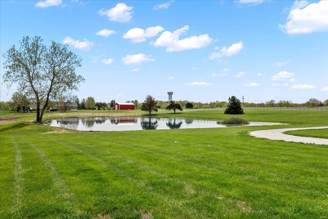 view of property's community with a water view and a yard