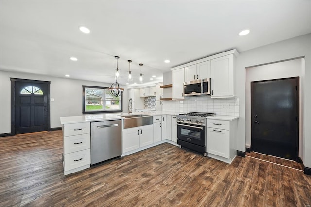 kitchen with dark wood-style flooring, light countertops, a sink, and appliances with stainless steel finishes
