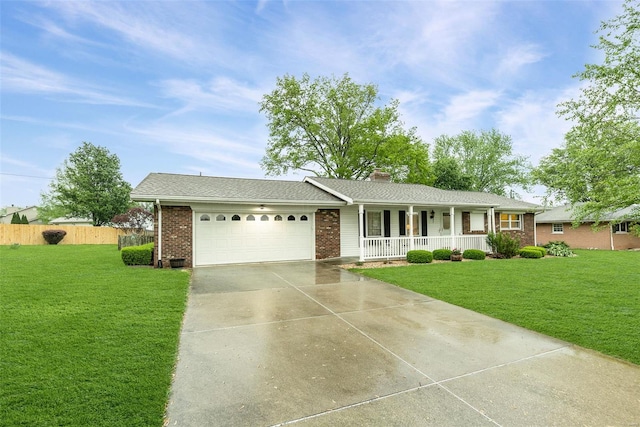 single story home with fence, an attached garage, brick siding, a porch, and driveway