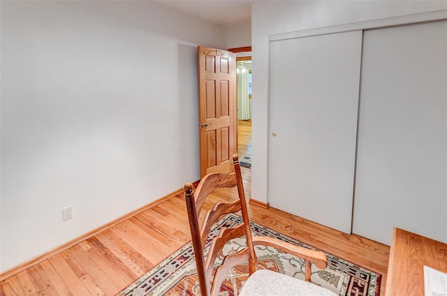 bedroom with wood finished floors and a closet