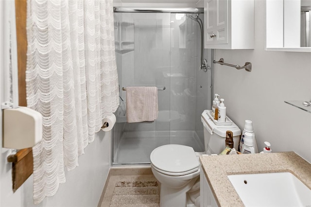 full bath featuring vanity, a stall shower, and toilet