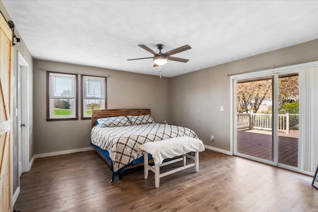 bedroom with ceiling fan, baseboards, access to outside, and wood finished floors