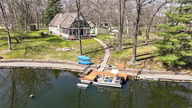 aerial view featuring a water view