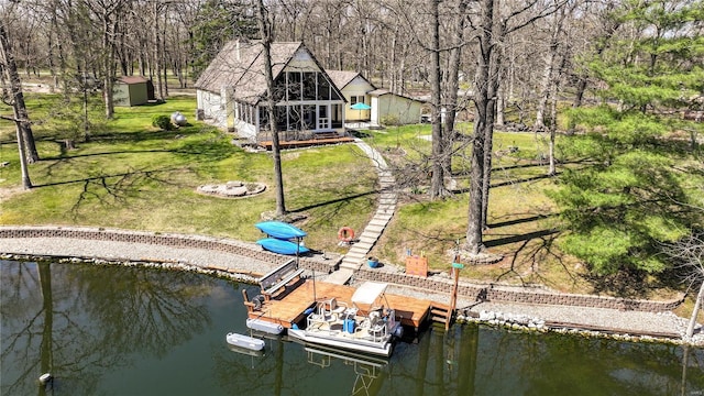drone / aerial view with a water view