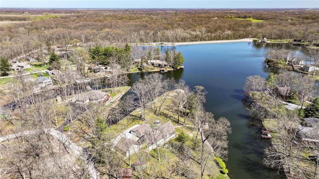 drone / aerial view featuring a water view and a view of trees