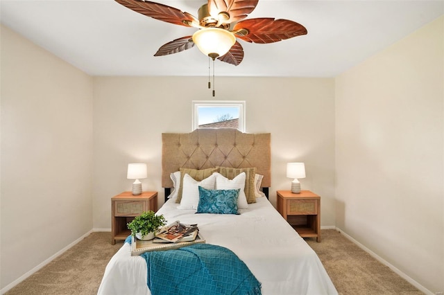 bedroom with baseboards, a ceiling fan, and light carpet